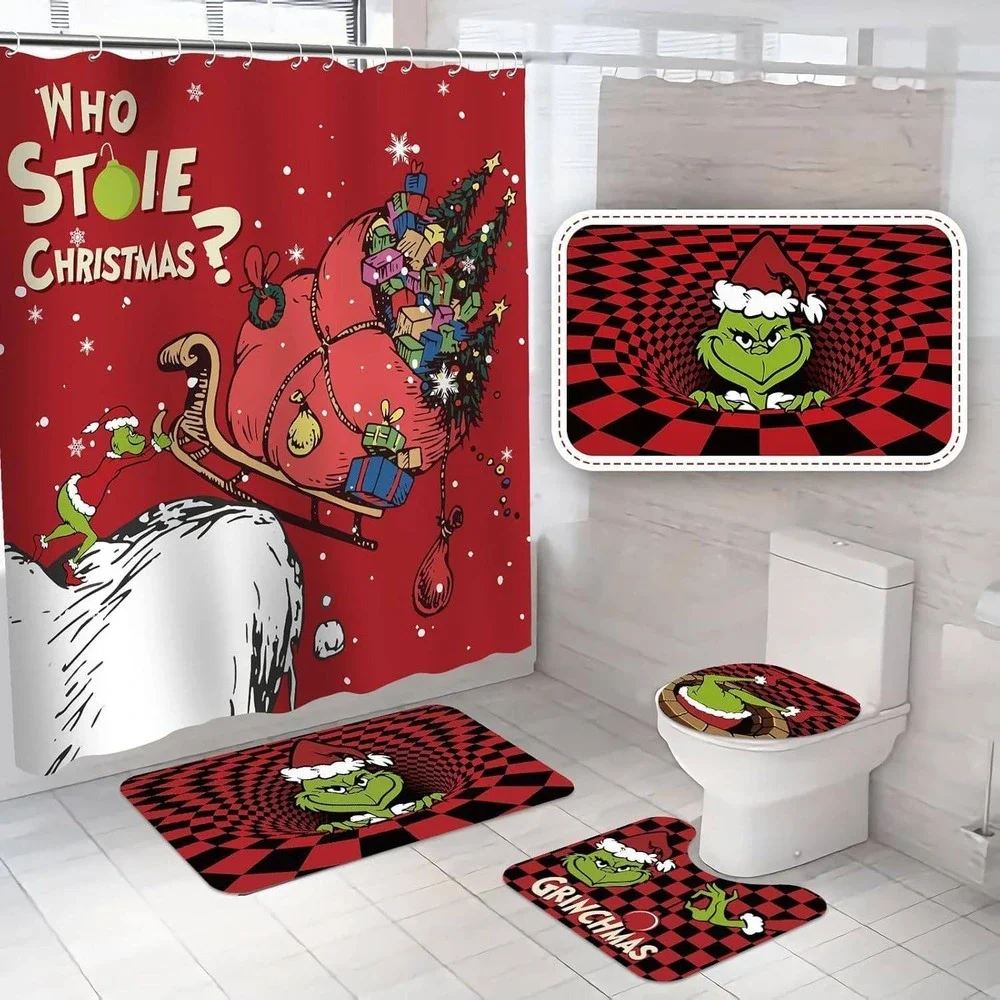 Grinch Christmas 4 Pc Bathroom Decor Set Shower‎ Curtain Rugs Toilet Seat Cover