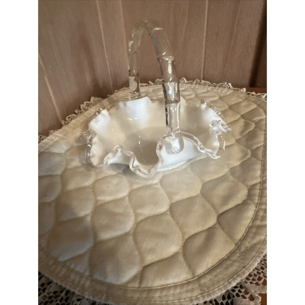 FENTON Milk Glass Silver Crest LARGE Ruffled Spanish Lace Brides Basket