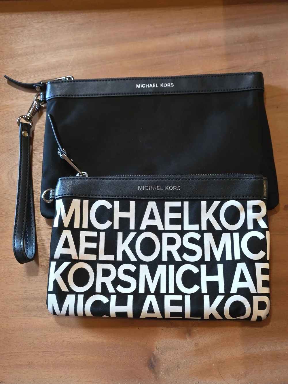 Michael Kors Nylon & Leather Trim Convertible Wristlet Pouch Set Black White Log
