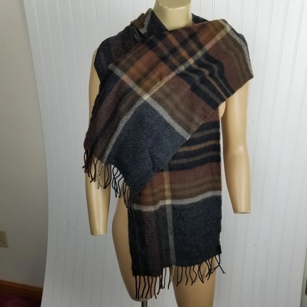 Wool Blend Plaid Fringe Scarf Black Gray Brown Unisex Neutral Vintage