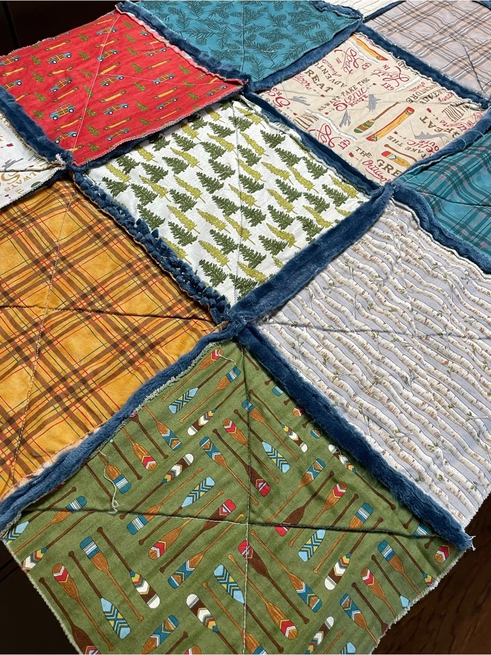 UNFINISHED Handmade Patchwork Quilt with Velour Backing- Outdoors Theme Crib Sz
