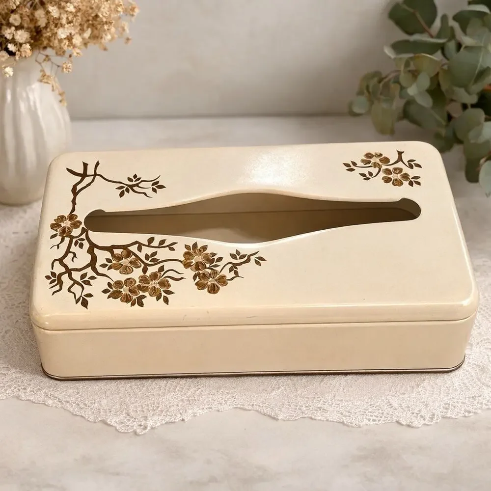 Vintage 70s Ransburg Metal Gold Floral Tissue Kleenex Box Dispenser Wall Mount