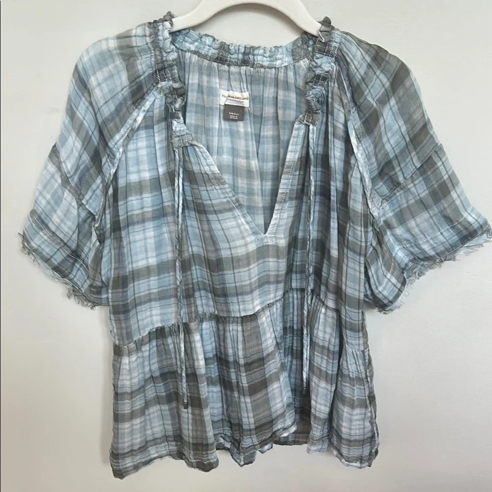 Anthropologie Blue and White Tiered Puff Sleeve Blouse