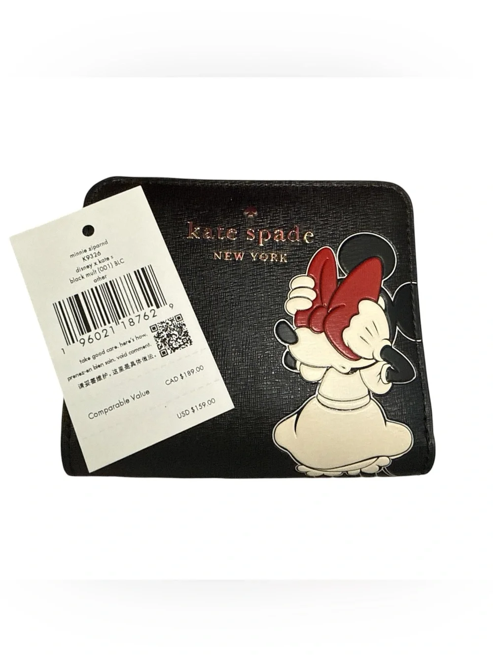 NWT Disney x Kate Spade Minnie Mouse Zip Around Small Wallet Black Multi K9326