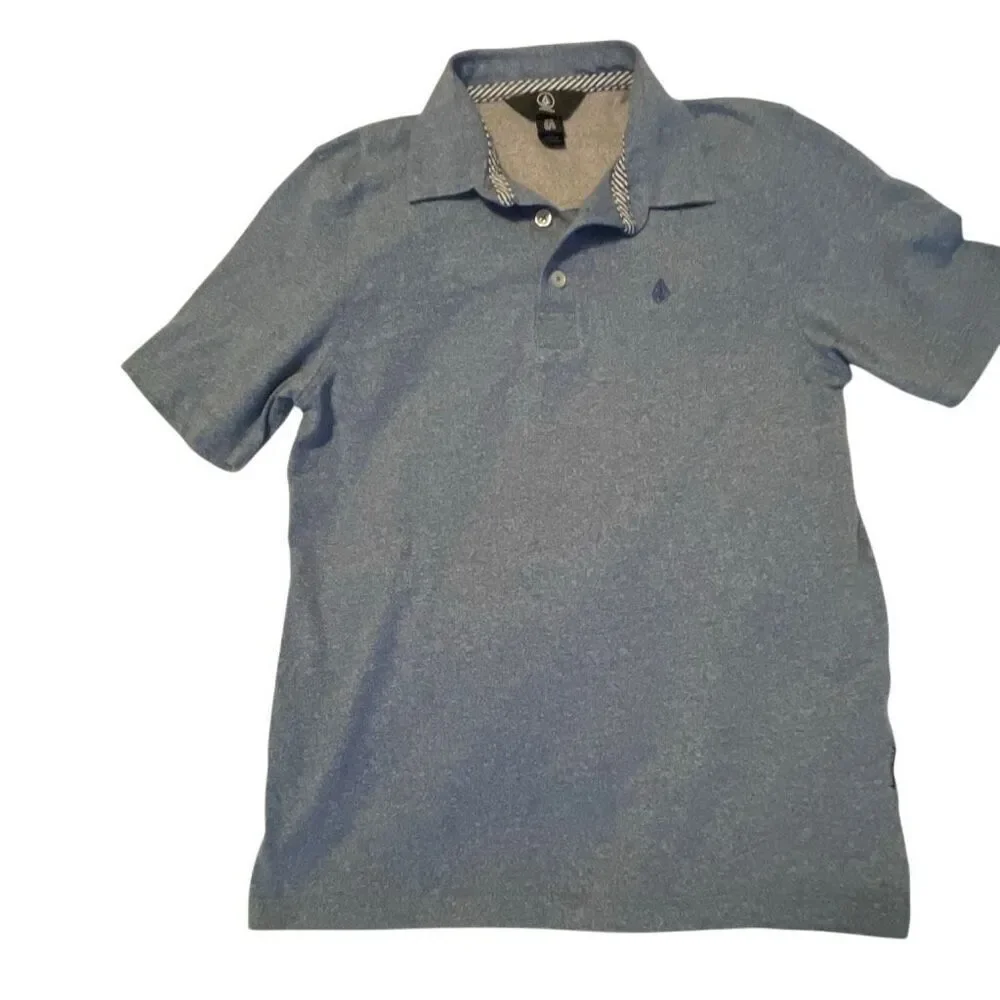 EUC! Volcom Boys Short Sleeve 3 Button Heathered Blue Polo Shirt Size M
