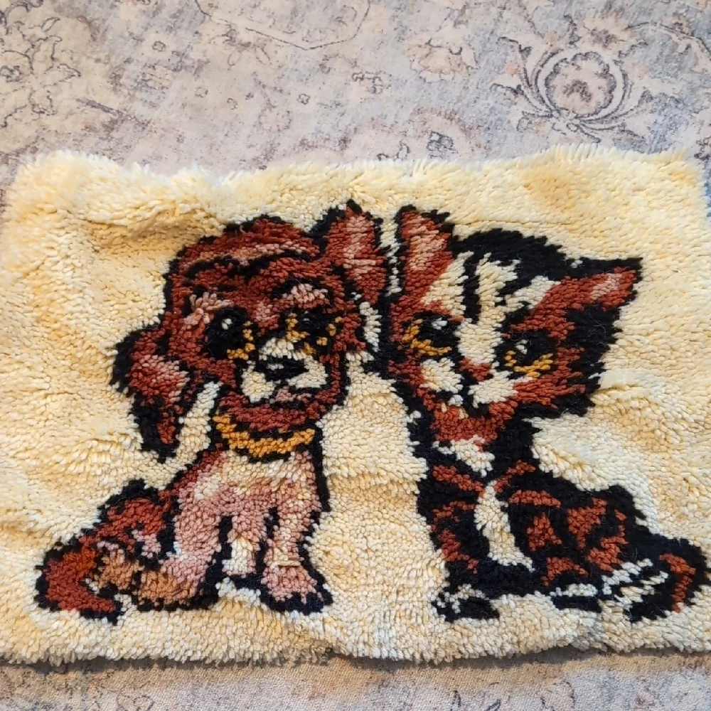 Vintage 1970s Latch Hook Rug with Dog and Cat Design