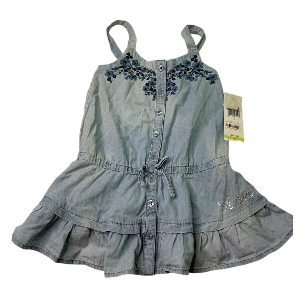 GUESS Kids Denim Dress With Embroidered Top And Ruffle‎ Skirt Sz 4T SpringNWT