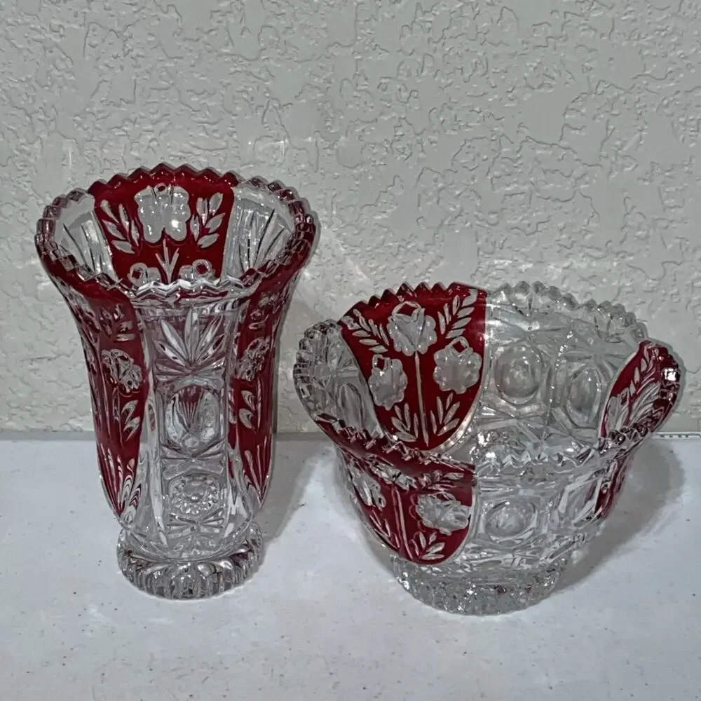 VTG Anna Hutte Bleikristall Germany Lead Crystal Floral Ruby Red Bowl Goblet Set
