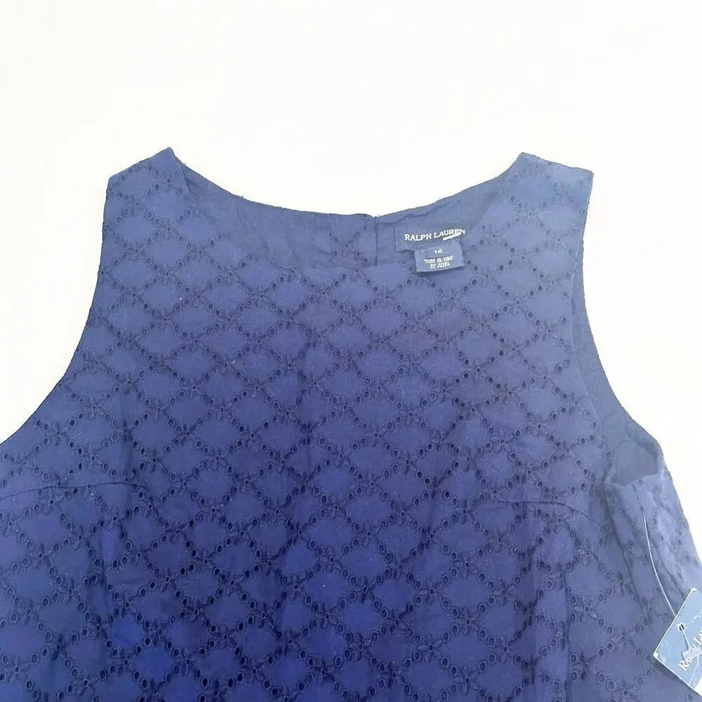NEW Ralph Lauren Blue Eyelet Top sz 14 Sleeveless top Girls shirt