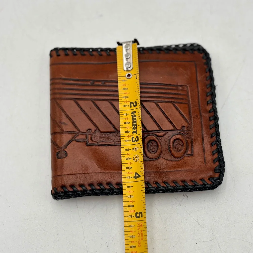 Vintage Hand Tooled Brown Leather‎ Trucker Wallet Bifold Semi Truck Whipstitch