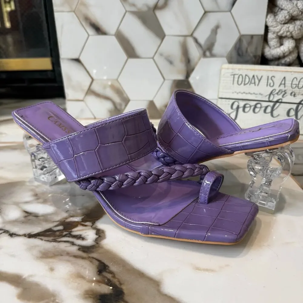 Camssoo Women's Purple Croc Embossed Heels Size 41 Lucite Heel Toe Ring‎ Slip On