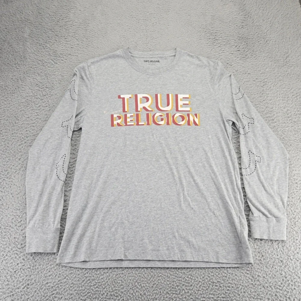 True Religion Shirt Mens Large Gray Heather Spellout Long‎ Sleeve Crew Neck