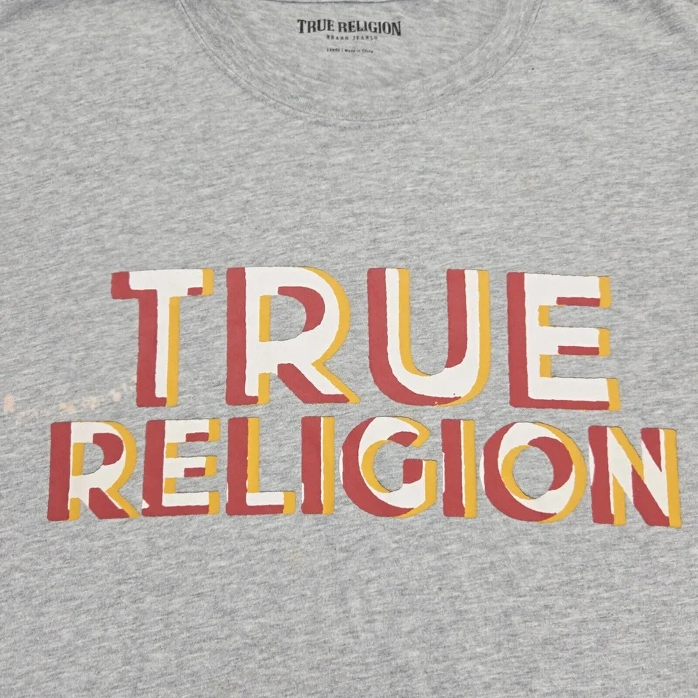 True Religion Shirt Mens Large Gray Heather Spellout Long‎ Sleeve Crew Neck