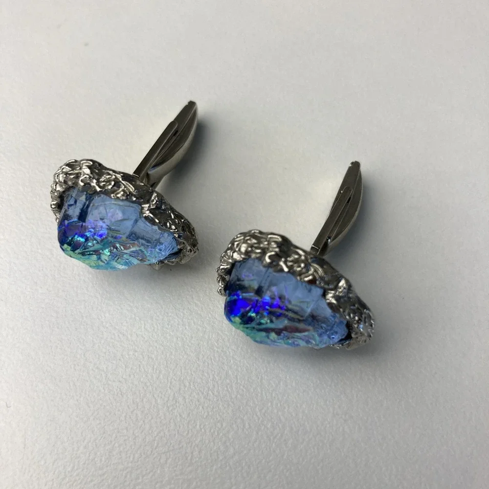 Vintage Blue Nugget Silver‎ Tone Cufflinks Pat. 2.974.381 Classic Retro Mens
