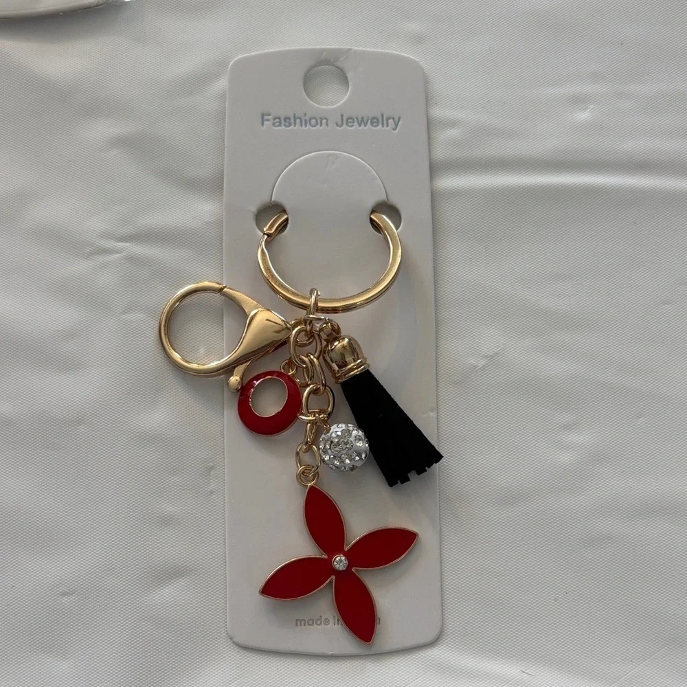 Fashion Jewelry Gold and Red Floral Keychain/Bag Charm