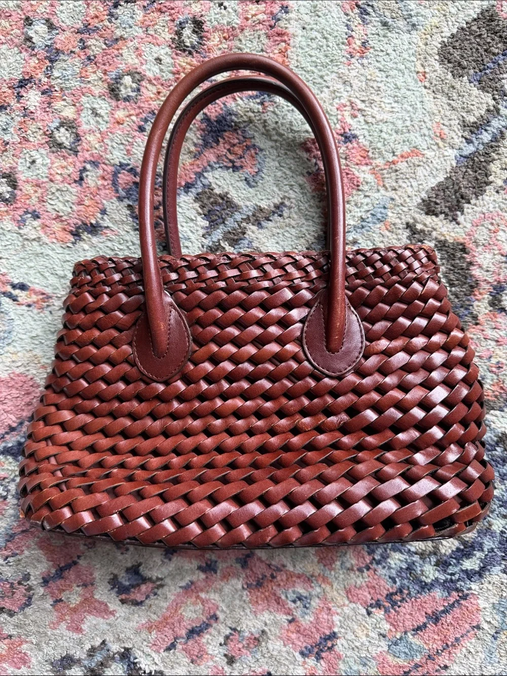 Vintage Fossil ZB8409 Genuine Woven Leather Tote Satchel Brown Cognac Handbag