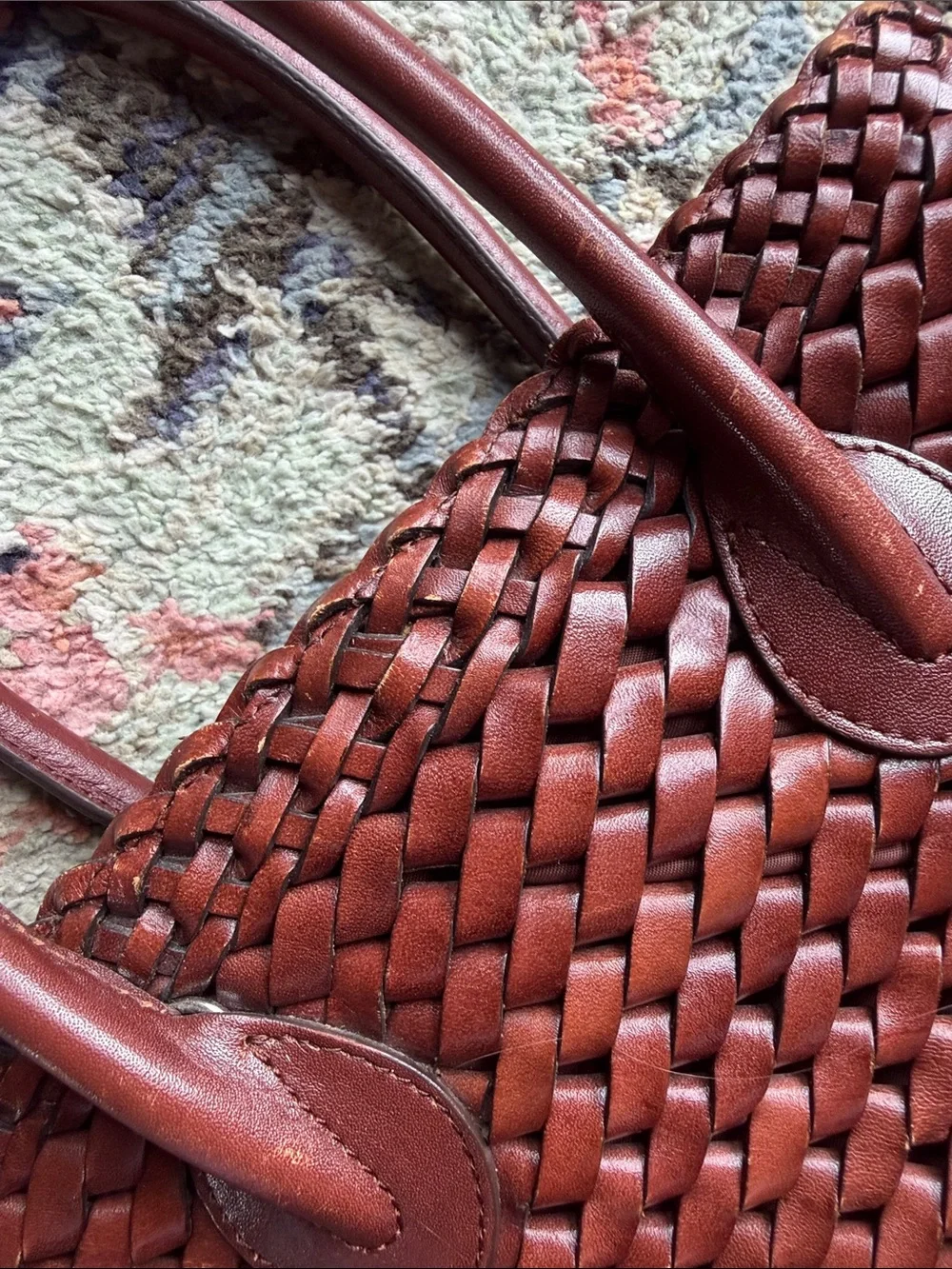Vintage Fossil ZB8409 Genuine Woven Leather Tote Satchel Brown Cognac Handbag