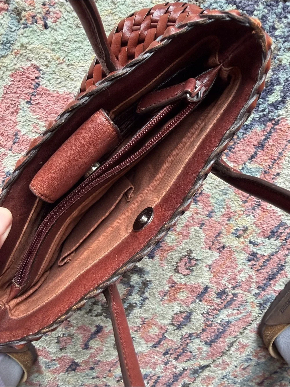 Vintage Fossil ZB8409 Genuine Woven Leather Tote Satchel Brown Cognac Handbag