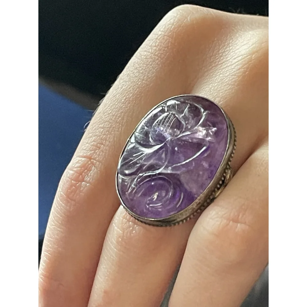 Vintage Hand Carved Amethyst Art Nouveau Silver Flower Ring Sterling 4.5