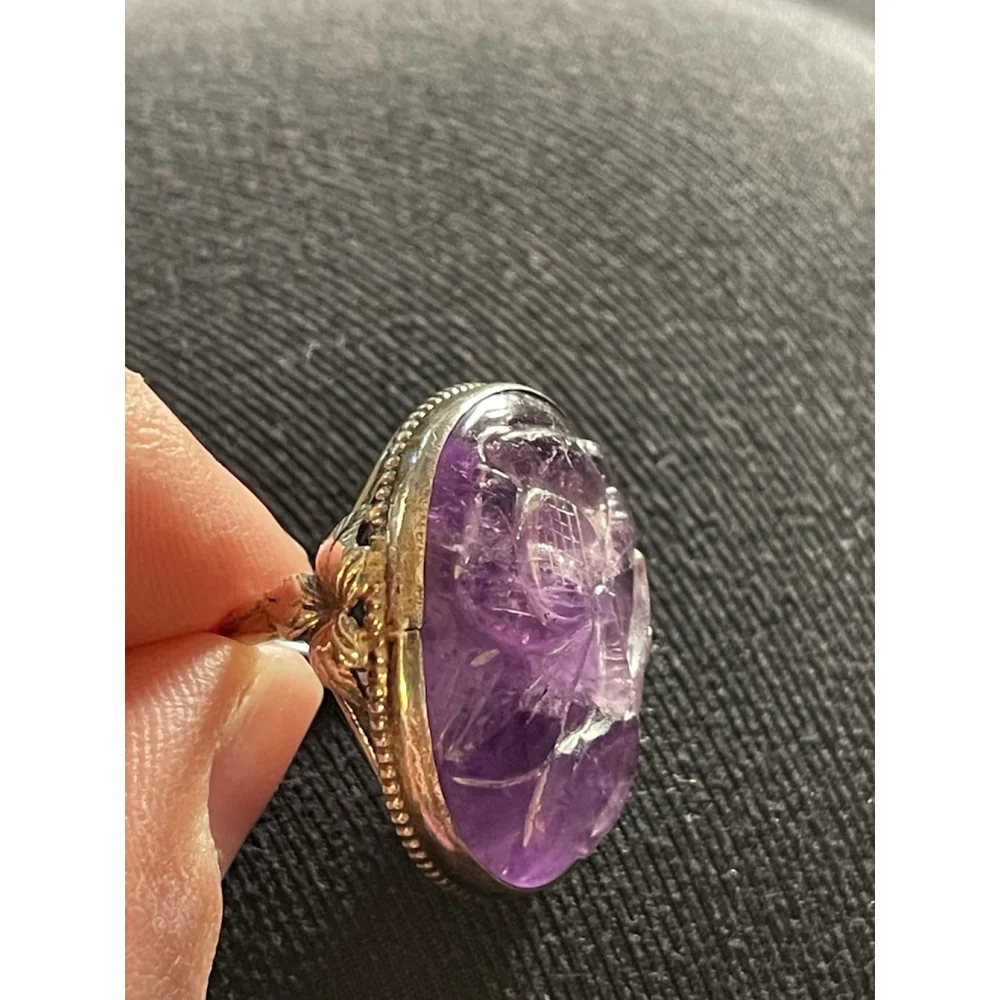 Vintage Hand Carved Amethyst Art Nouveau Silver Flower Ring Sterling 4.5
