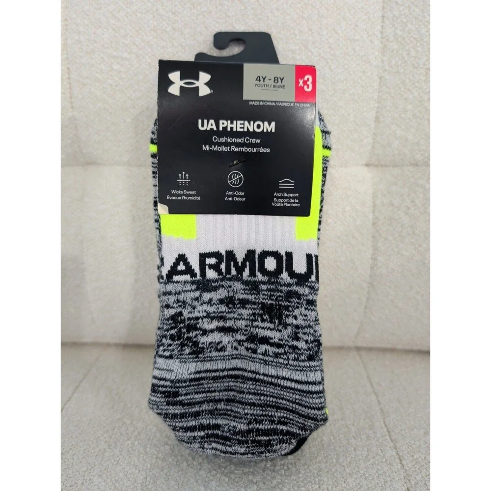 Under Armour UA Phenom Cushioned Crew Socks Youth 4Y - 8Y 3 Pack Yellow Boys New