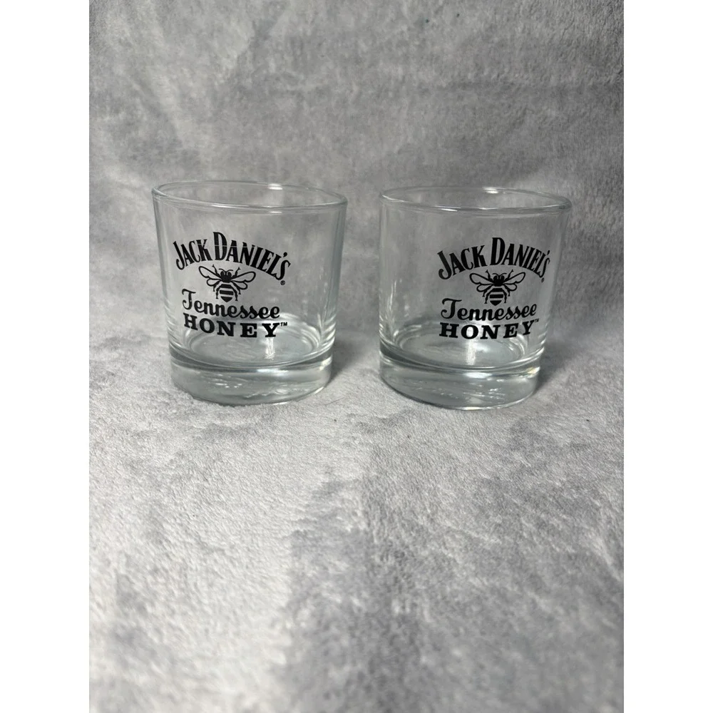 2 Jack Daniels Tennessee Honey Low Ball Rocks Glass Cups Bee Embossed On Bottom