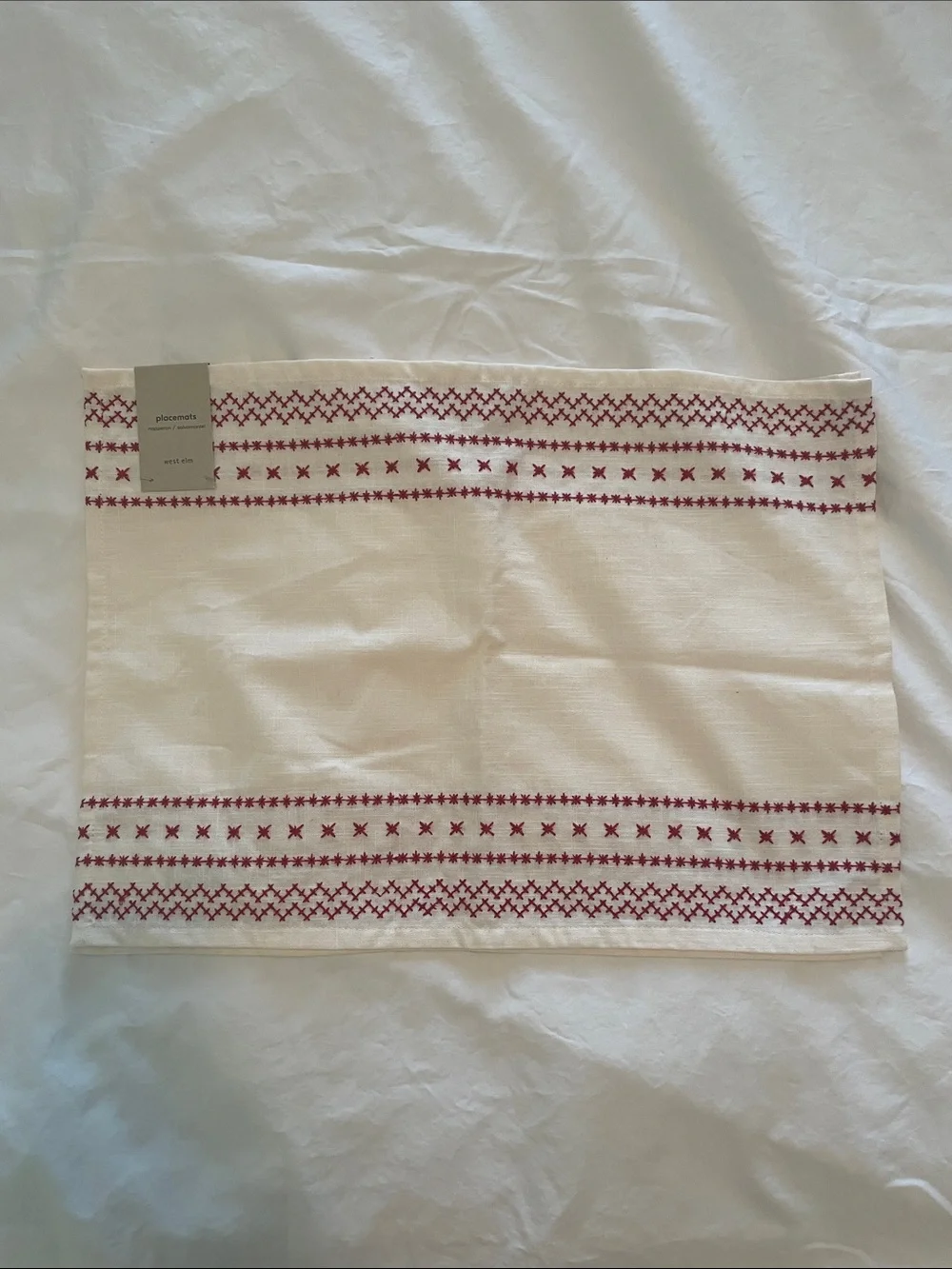 NWT West Elm Embroidered Cream Placemat with Red Cross-Stitch Trim