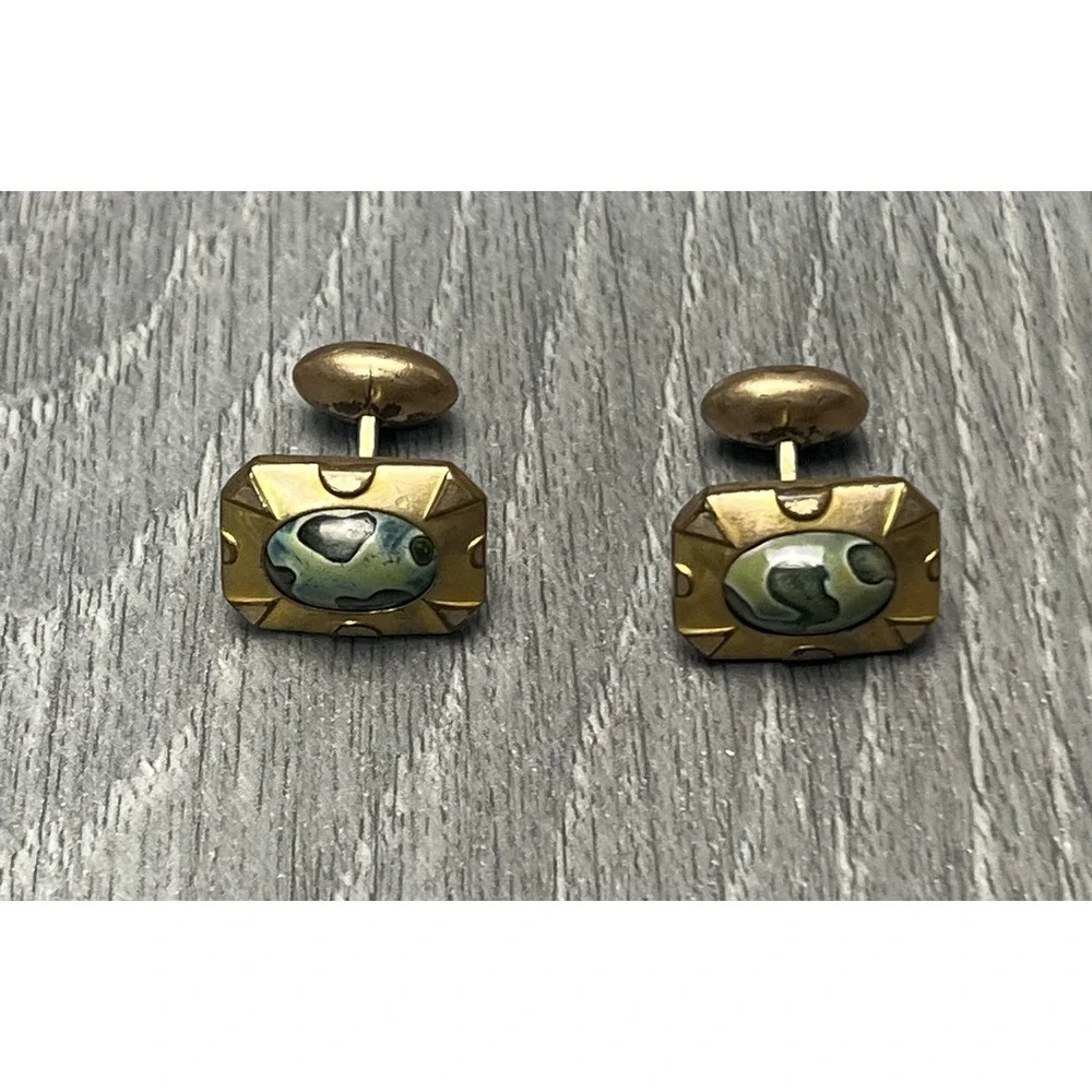 Antique HA & CO Gold Tone Green Stone Cufflinks Men's Vintage‎ Jewelry