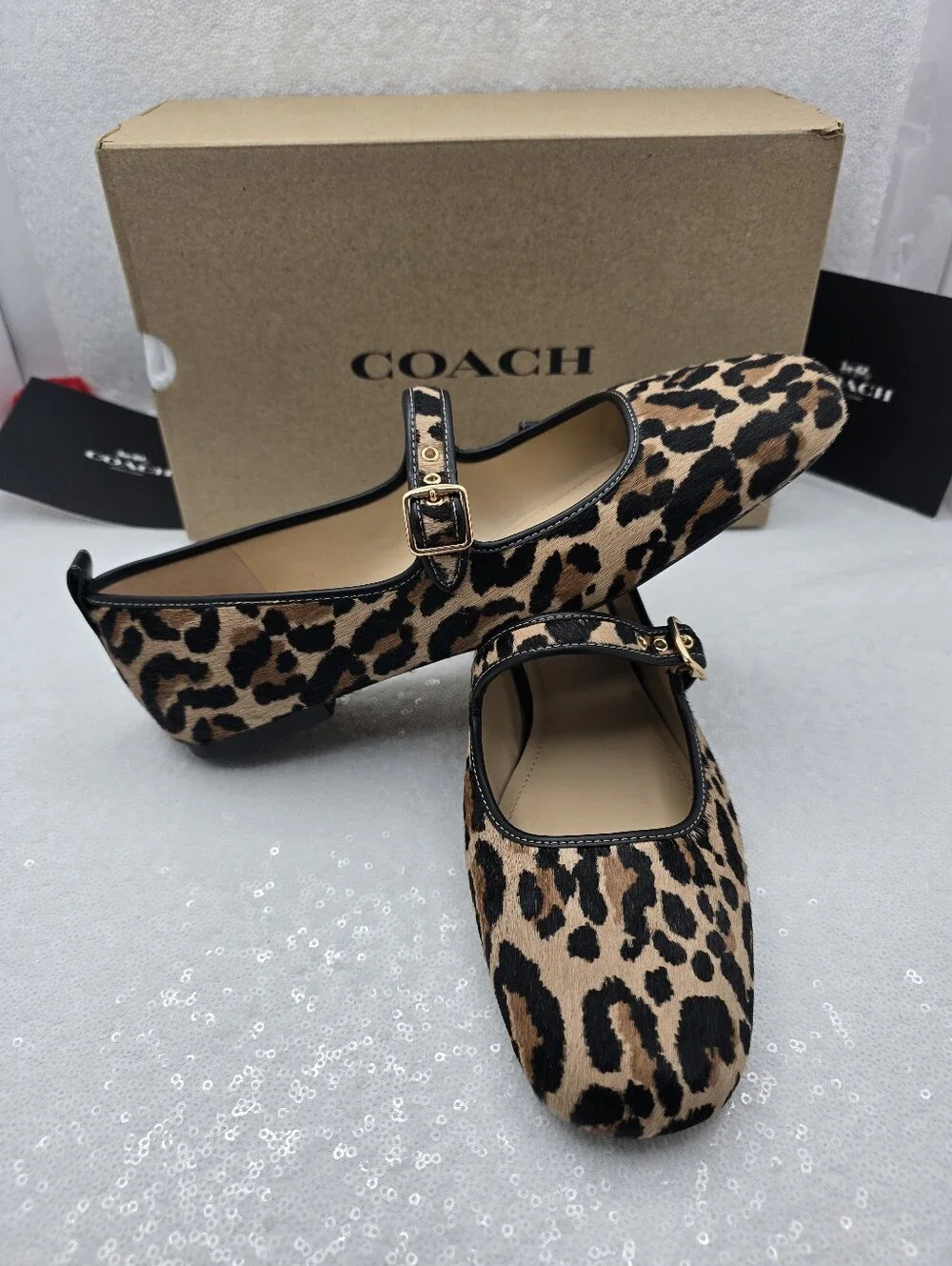 Coach C Rivet Mary Jane with Leopard Print Calfhair Women's sz 10 Tan & Black