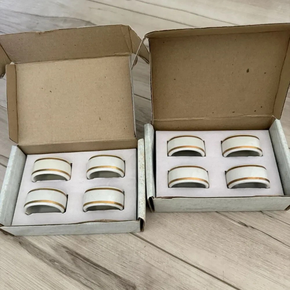 Vintage GORHAM Napkin Ring Set of 8 Ivory With Gold Trim Boxed Cottagecore