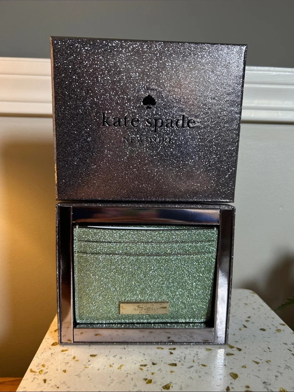 kate spade Mint Green Glitter Card Holder with Gold Plaque
