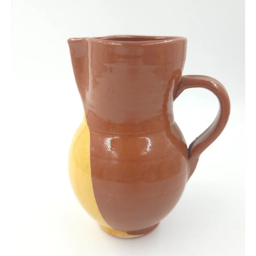 Vintage Two-Tone Stoneware Pottery Crock Water Pitcher 7.25” Tall UNKNOWN MAKER