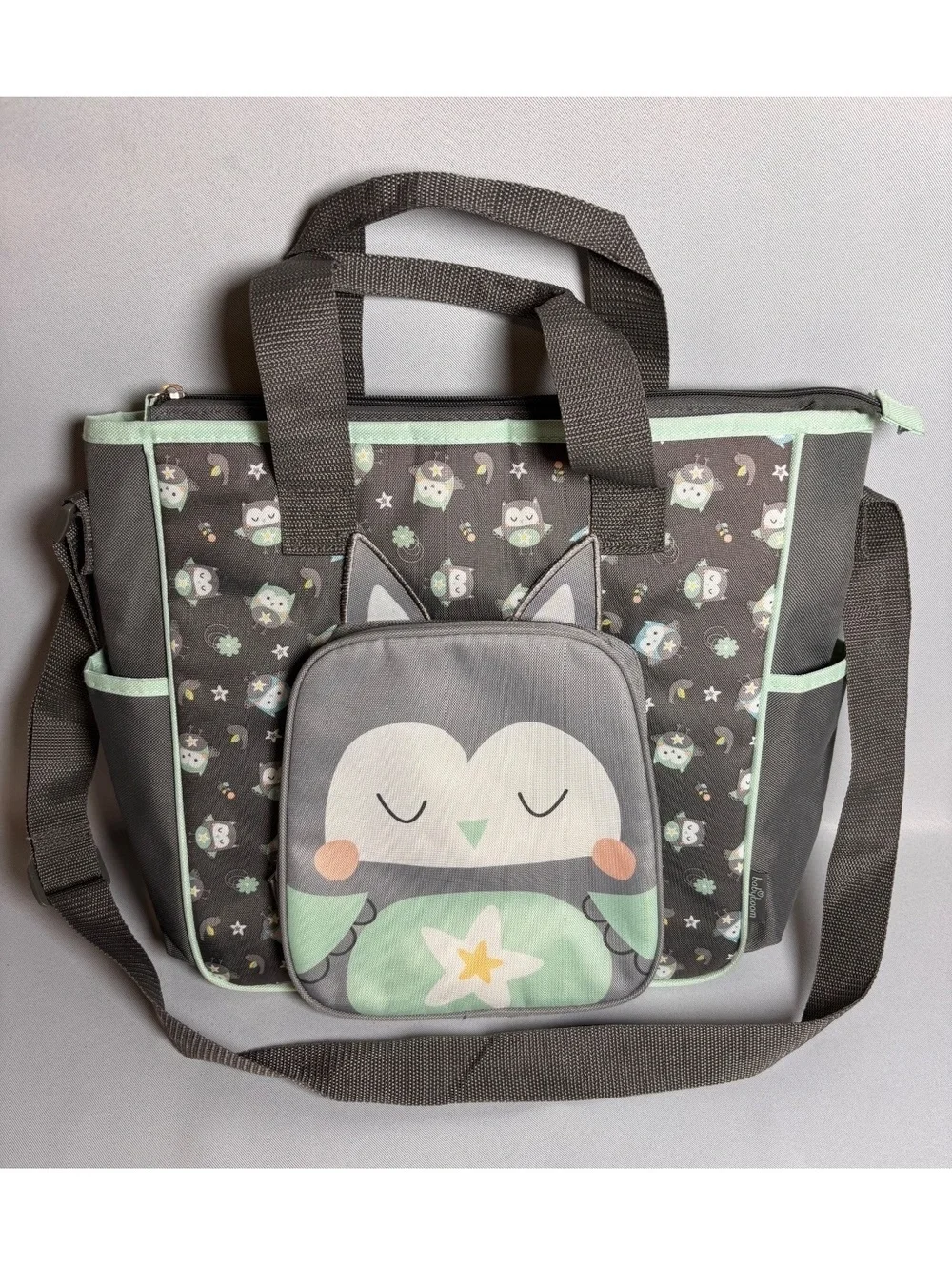 Baby Boom Gray and Mint Owl Print Diaper Bag with Changing Pad