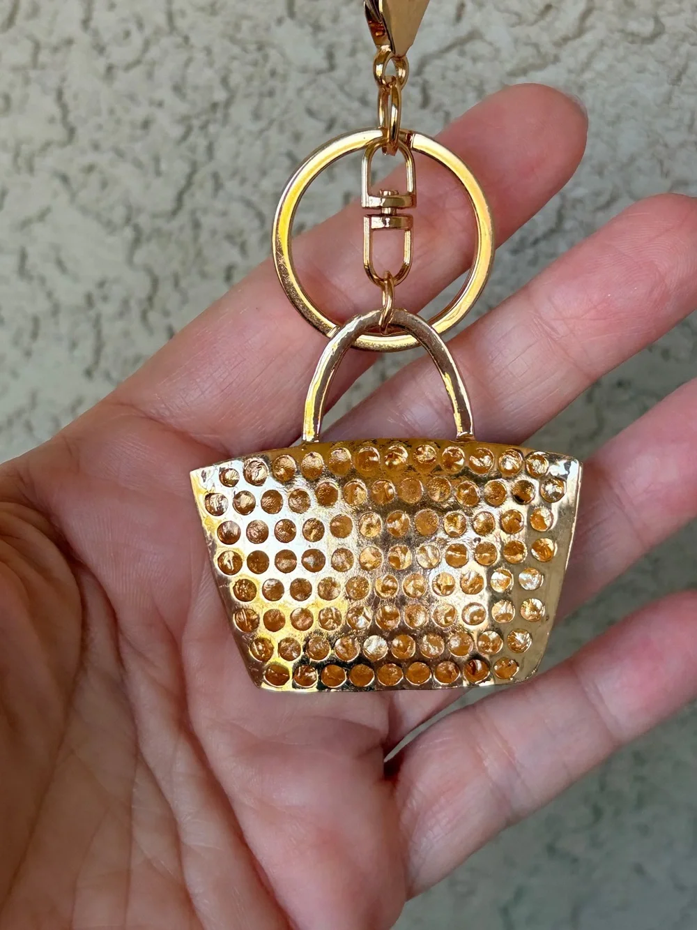 Sparkling Gold Crystal Tote Bag Keychain with Red & Black Stripes