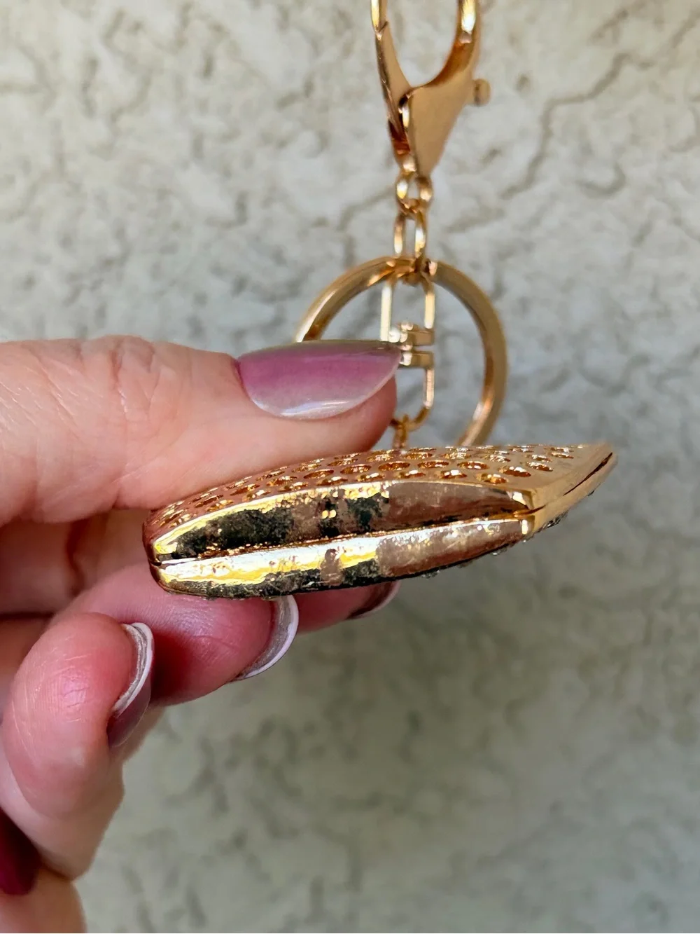 Sparkling Gold Crystal Tote Bag Keychain with Red & Black Stripes