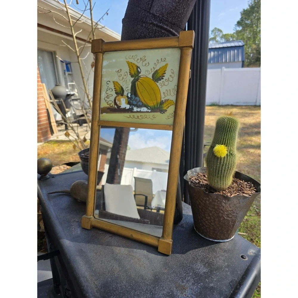 VTG 10x19.5 Gold Wood Wall Mirror‎ Reverse Painted Fruit Rustic Cottage