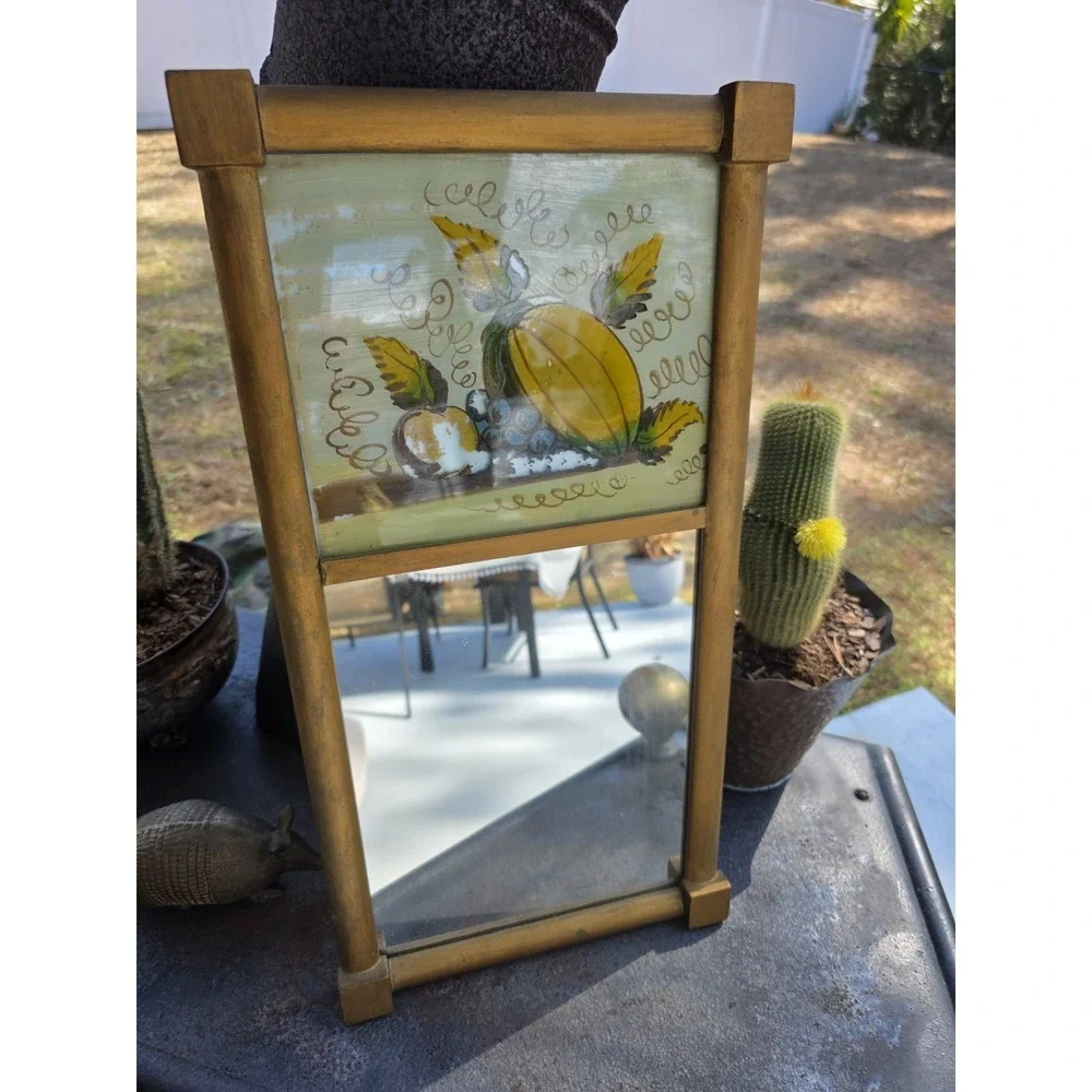VTG 10x19.5 Gold Wood Wall Mirror‎ Reverse Painted Fruit Rustic Cottage