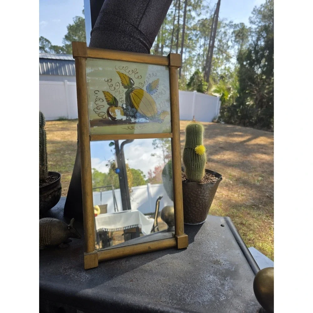 VTG 10x19.5 Gold Wood Wall Mirror‎ Reverse Painted Fruit Rustic Cottage