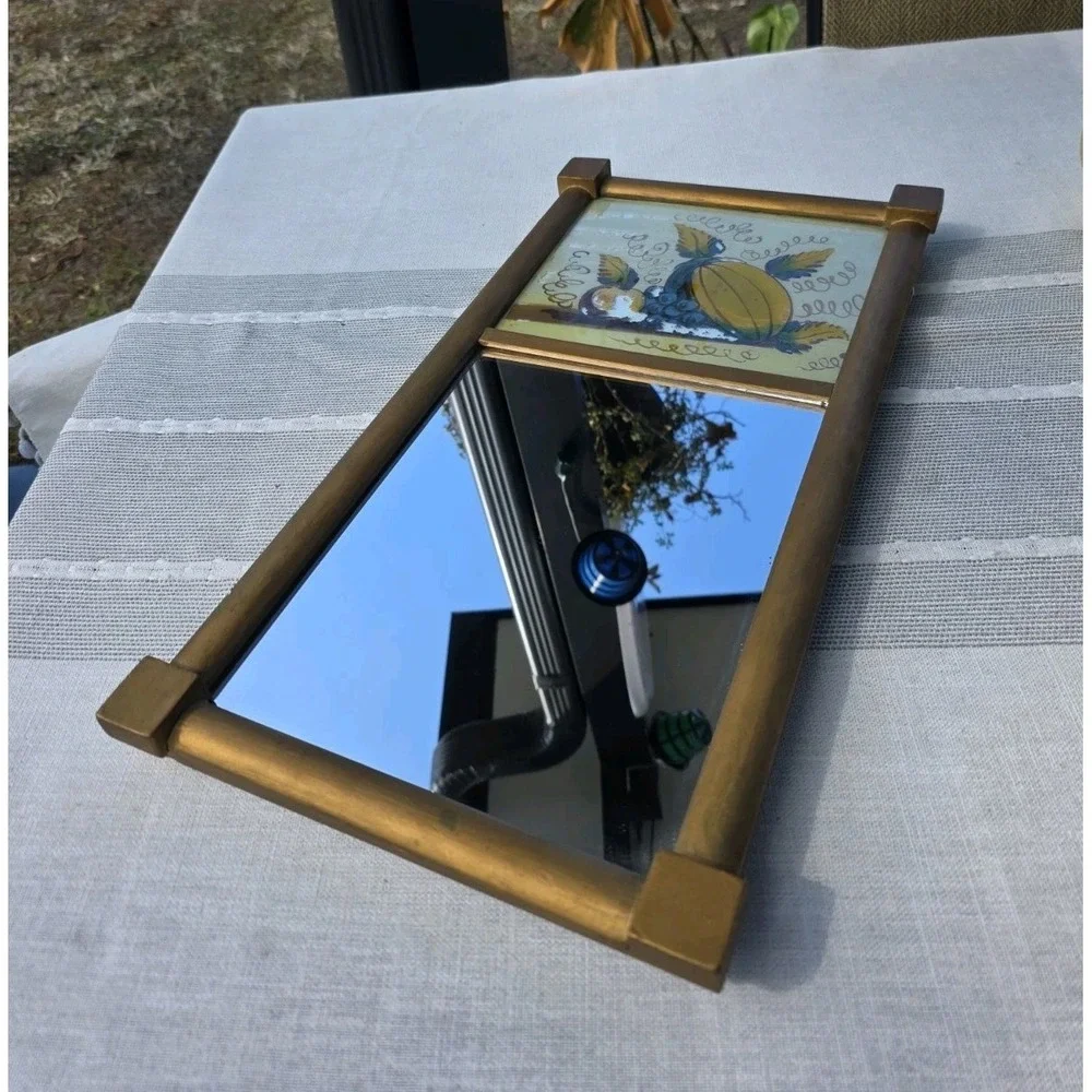VTG 10x19.5 Gold Wood Wall Mirror‎ Reverse Painted Fruit Rustic Cottage
