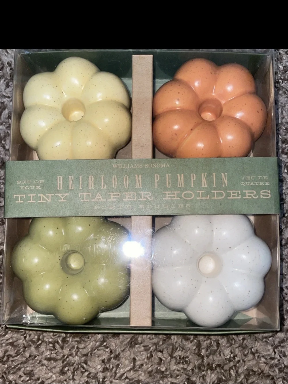 Williams Sonoma Pumpkin Taper Holders in Cream, Orange, Green & White