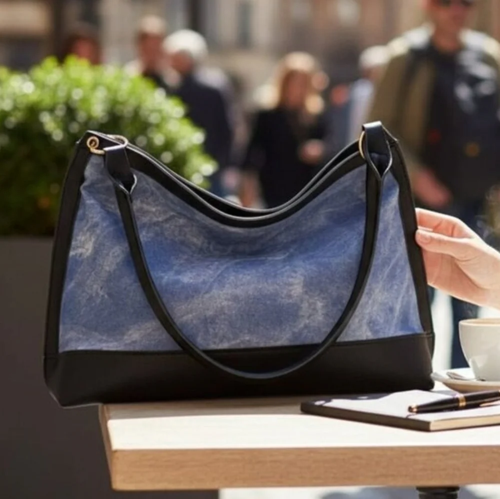 Denim Wash Vegan Leather Hobo Shoulder Bag Blue Black Modern Boho Tote 13in