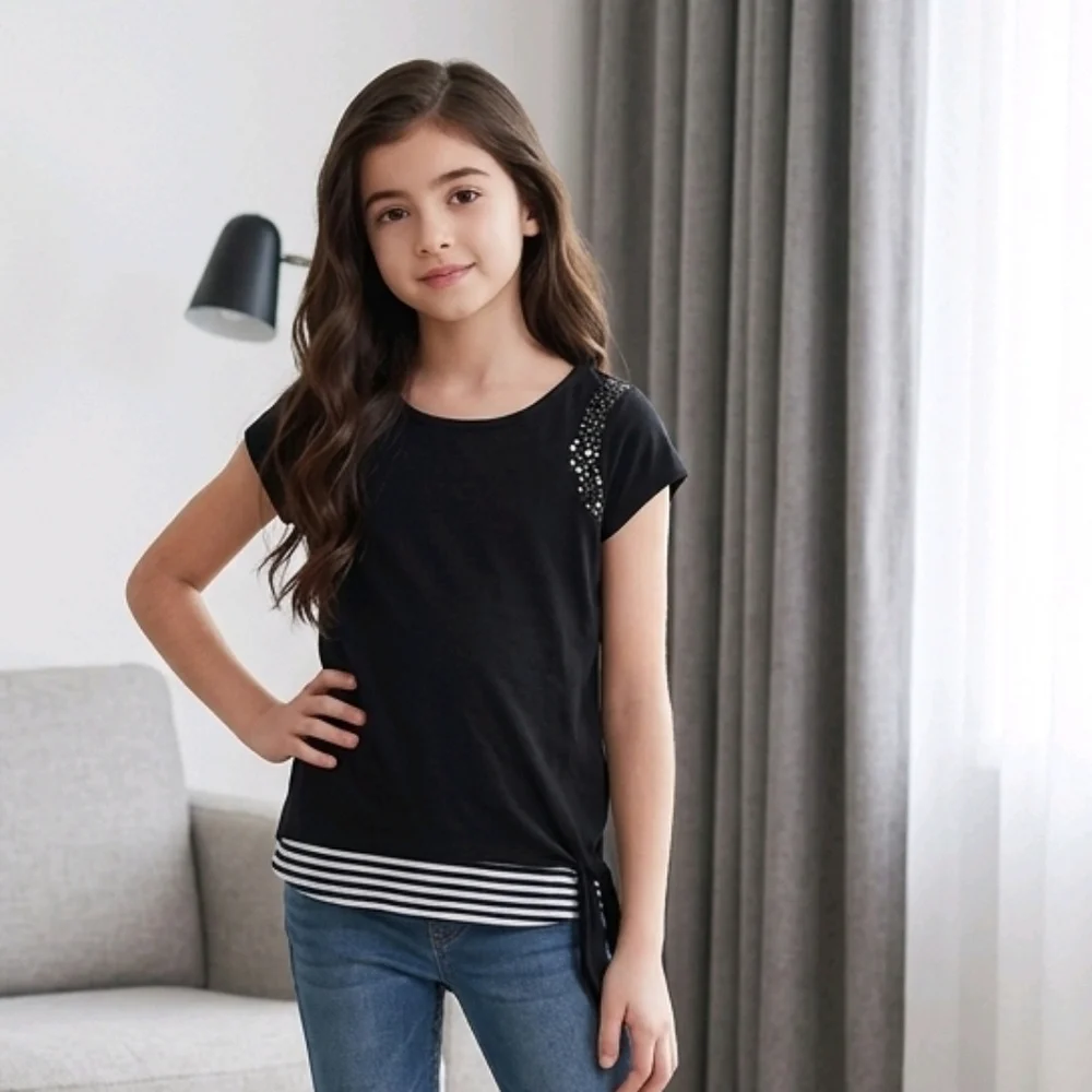 Justice Black Sequin Knit Top Stripe Hem Side Knot Tee Girls Size 10 Trendy Soft