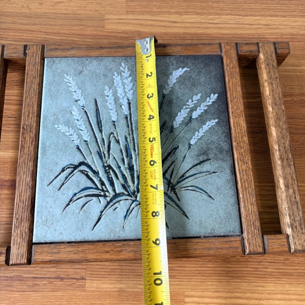 Unbranded Trivet Ceramic Tile Wheat Design Oak Wood Frame Brown Gray‎ 14.5x9.5in