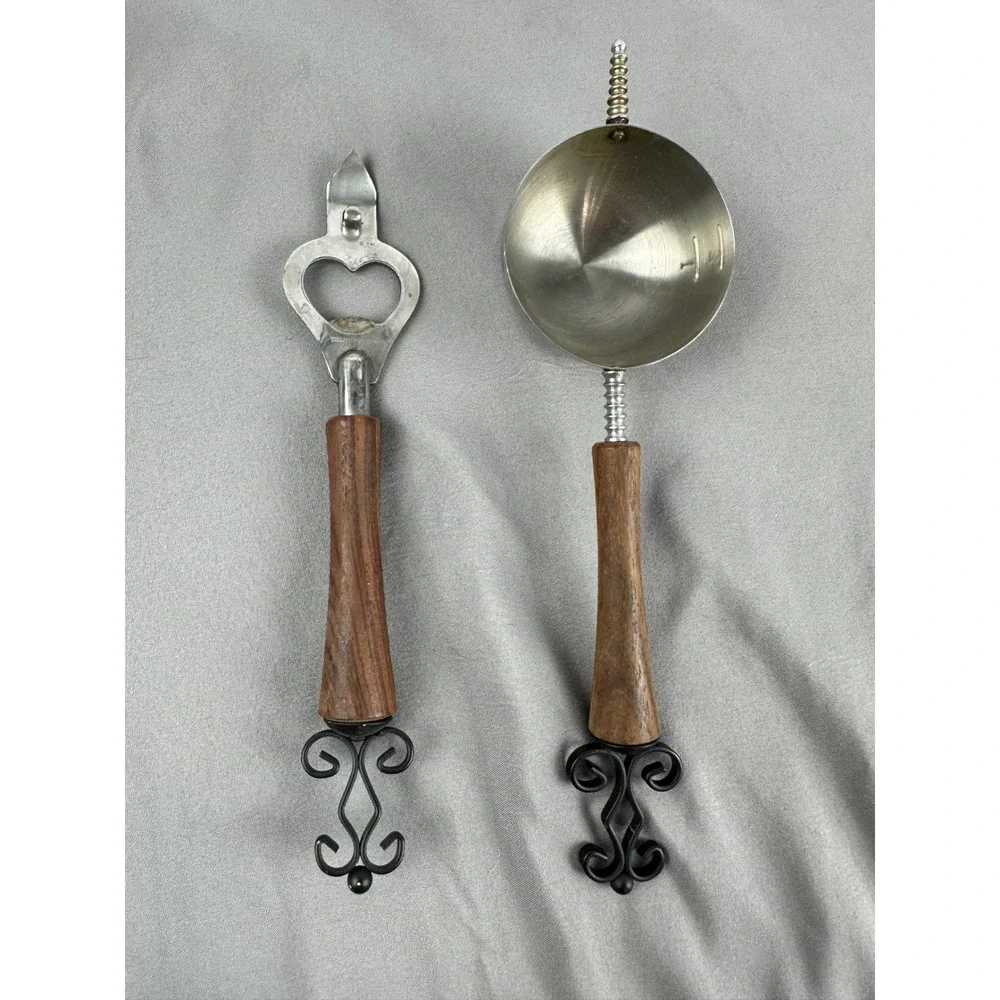 MCM Can Opener Jigger Stainless Steel Wood Handle & Black Decorative‎ Finials