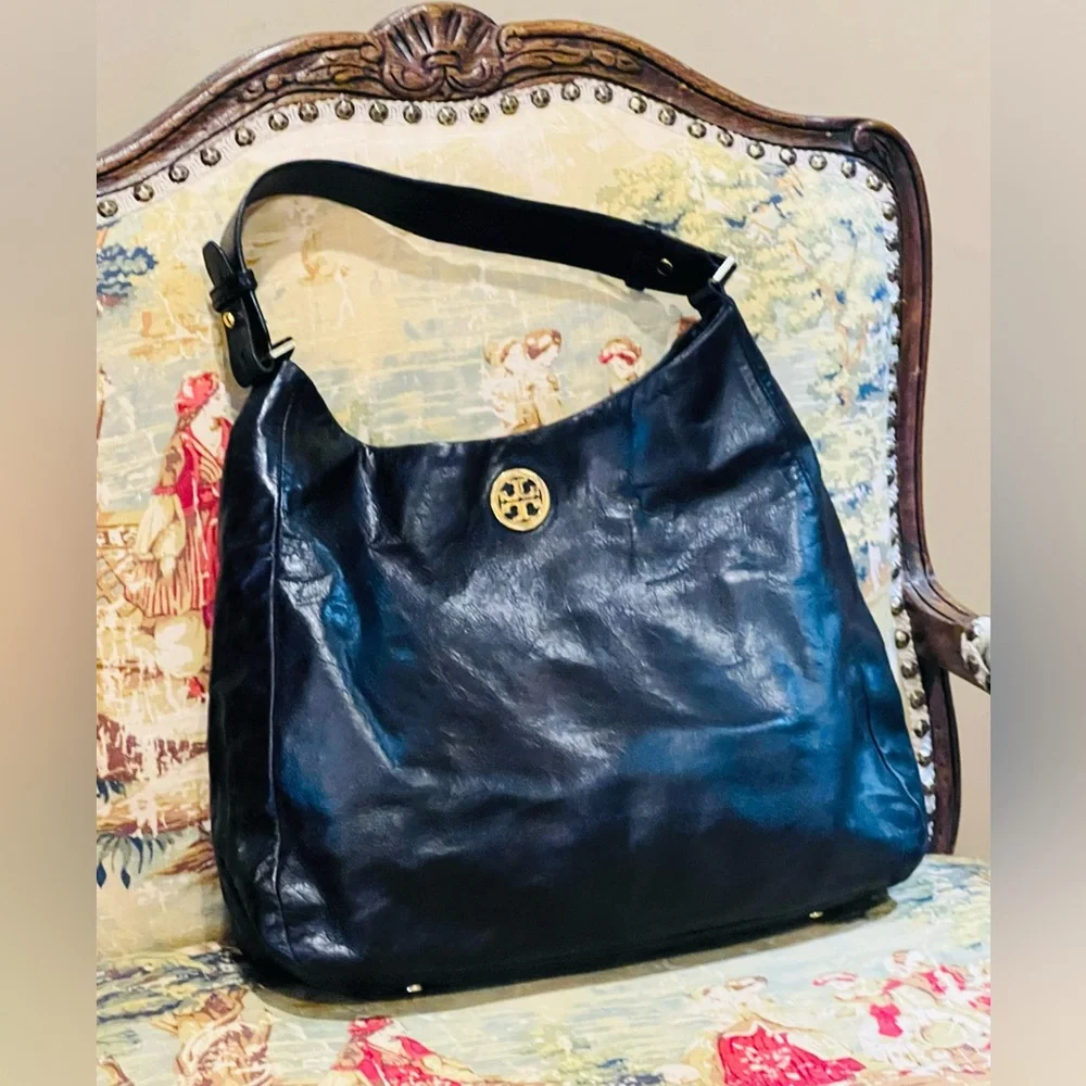 Tory Burch Black Dena Leather Hobo Bag