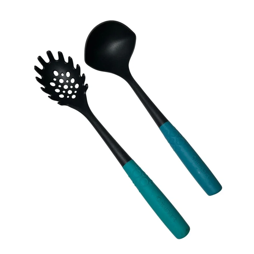 Cuisinart Utensil Set Ladle and Pasta Server‎ Spoon Teal Handle Nonstick Safe