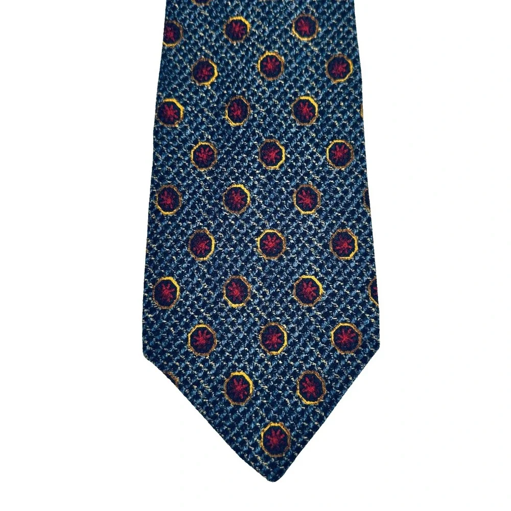Ermenegildo Zegna Silk Tie Blue Red‎ Gold Medallion Made in Italy Designer