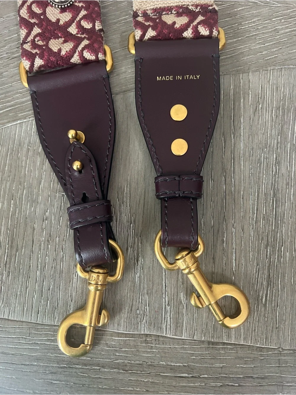 Dior Burgundy and Cream Decorative Logo Canvas Bag Strap with Gold Hardware