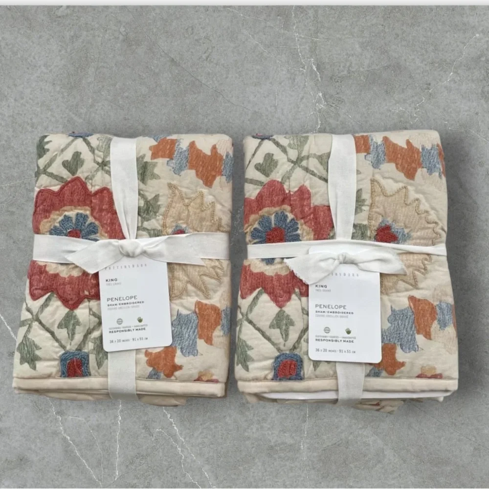 Pottery Barn PENELOPE Handcrafted King Sham Set/2 NEW