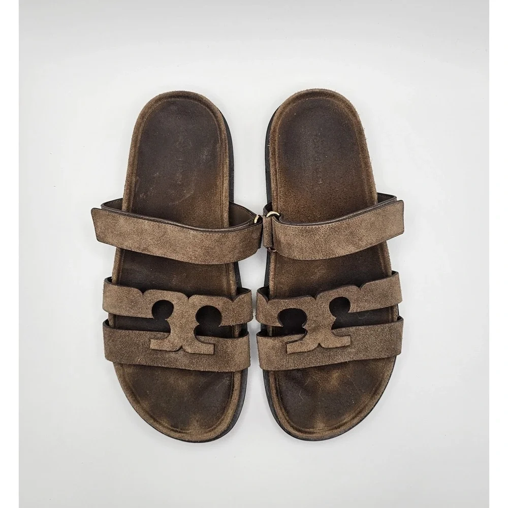 Tory Burch Ines Suede Leather Sport Slide Sandal Size 10 Brown Hook Loop Straps